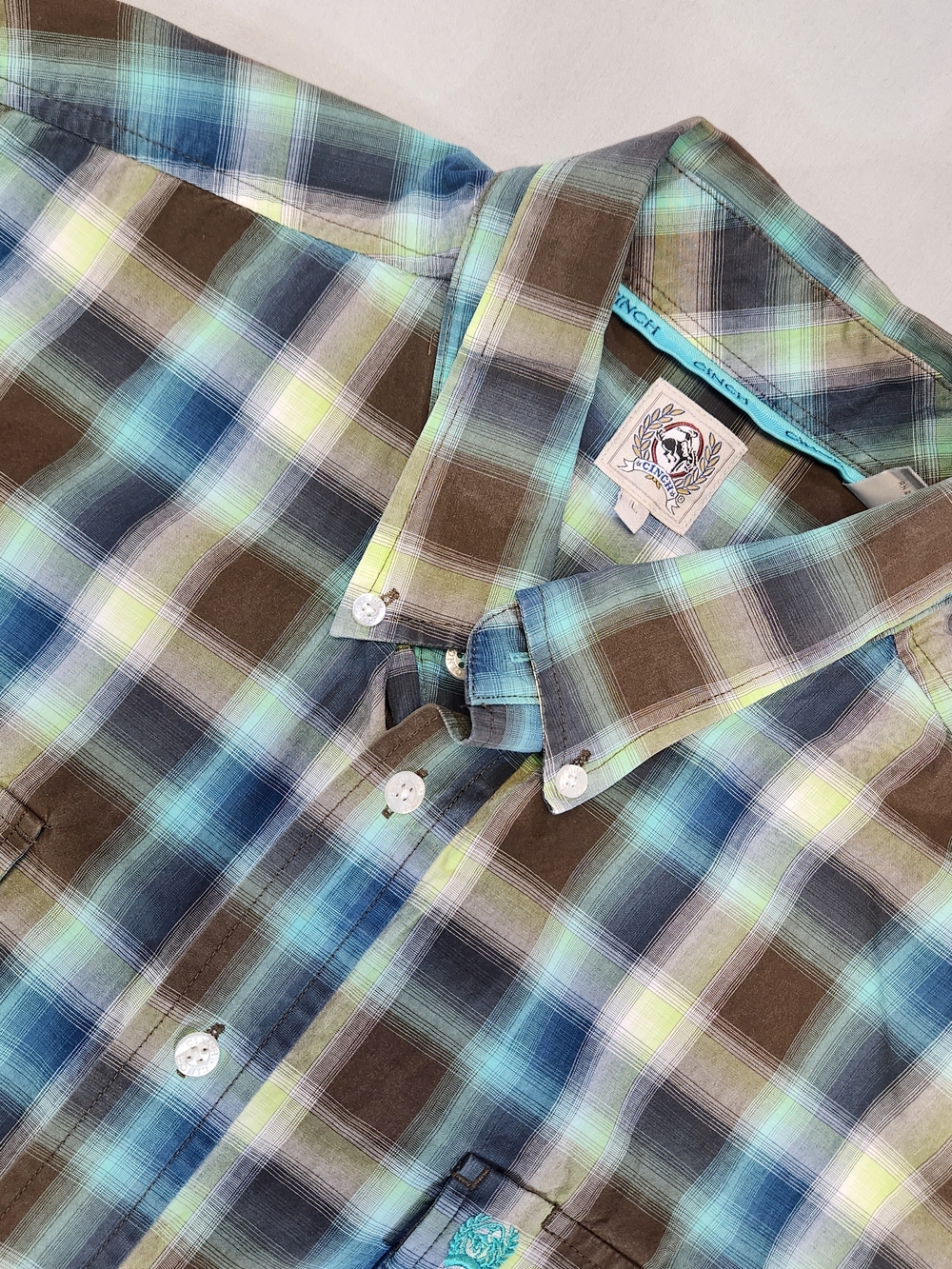 Cinch Button Up Men's Large L Cowboy Short Sleeve Shirt Blue Green Brown Plaid